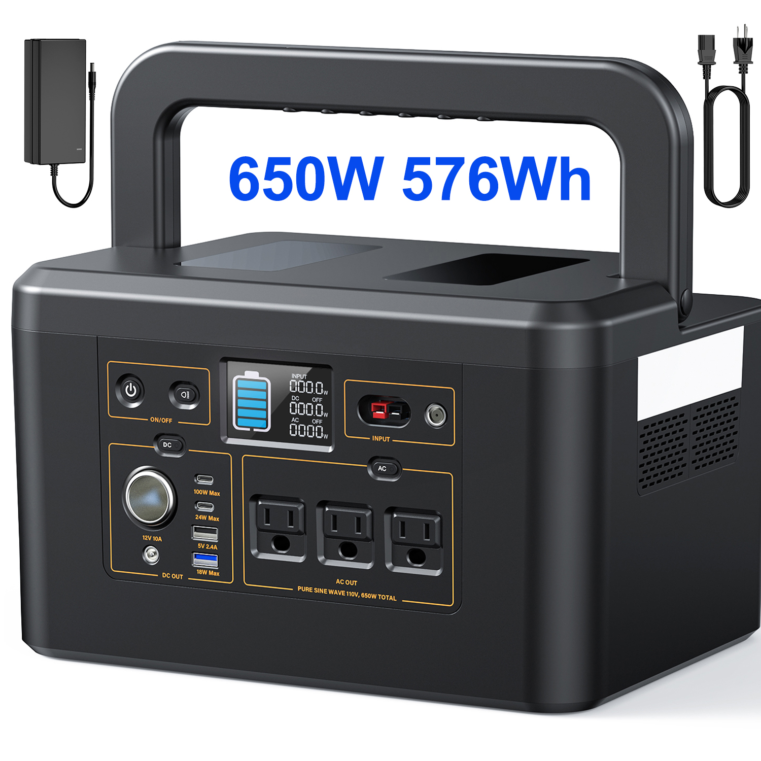Outdoor Power Bank With Ac Outlet - 650W Portable Power Station,576Wh/180000mAh Solar Generator
