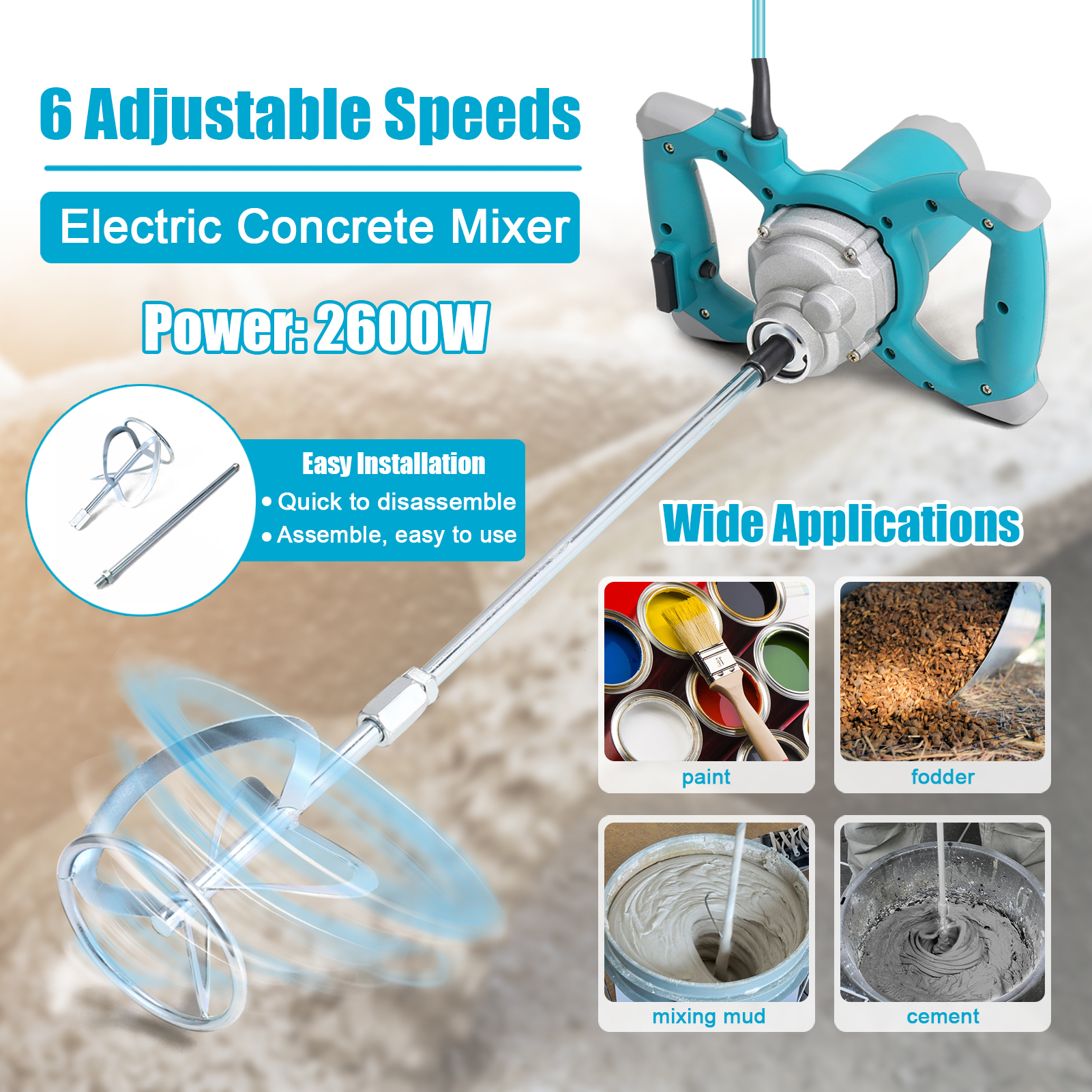 Concrete Mixer Small - 2600W Portable Electric Concrete Mixer Handheld