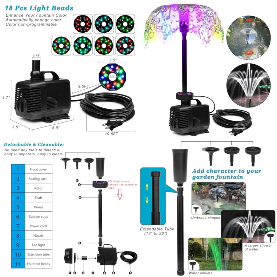 Water Pump Submersible - 45W 792 GPH LED Pond Pump